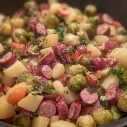 Resteessen: Gemüseeintopf mit Möhren, Kartoffeln und Mettwürstchen