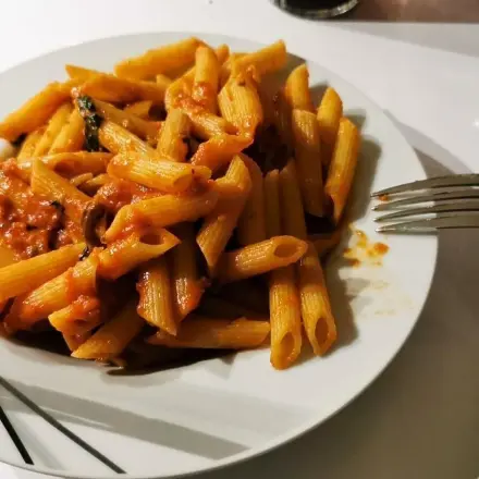 Penne mit Tomatensoße, frischem Blattspinat und Zwiebeln
