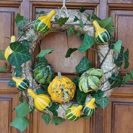 Herbstlicher Türkranz mit Zierkürbissen