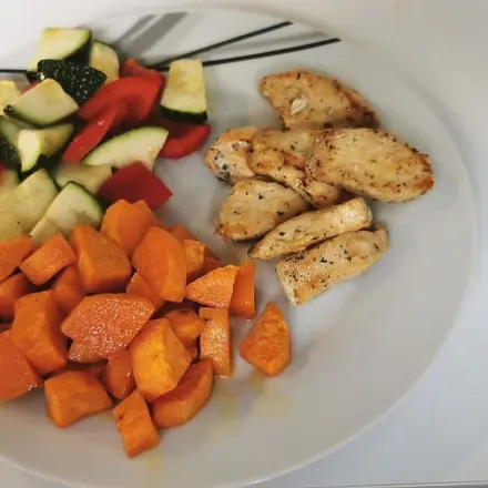 Hähnchenbrustfilet mit Paprika, Zucchini und Süßkartoffel