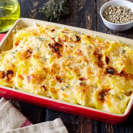 Schnitzel-Rösti-Schmand-Gratin