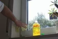 Weiße Fensterrahmen mit Grillreiniger putzen